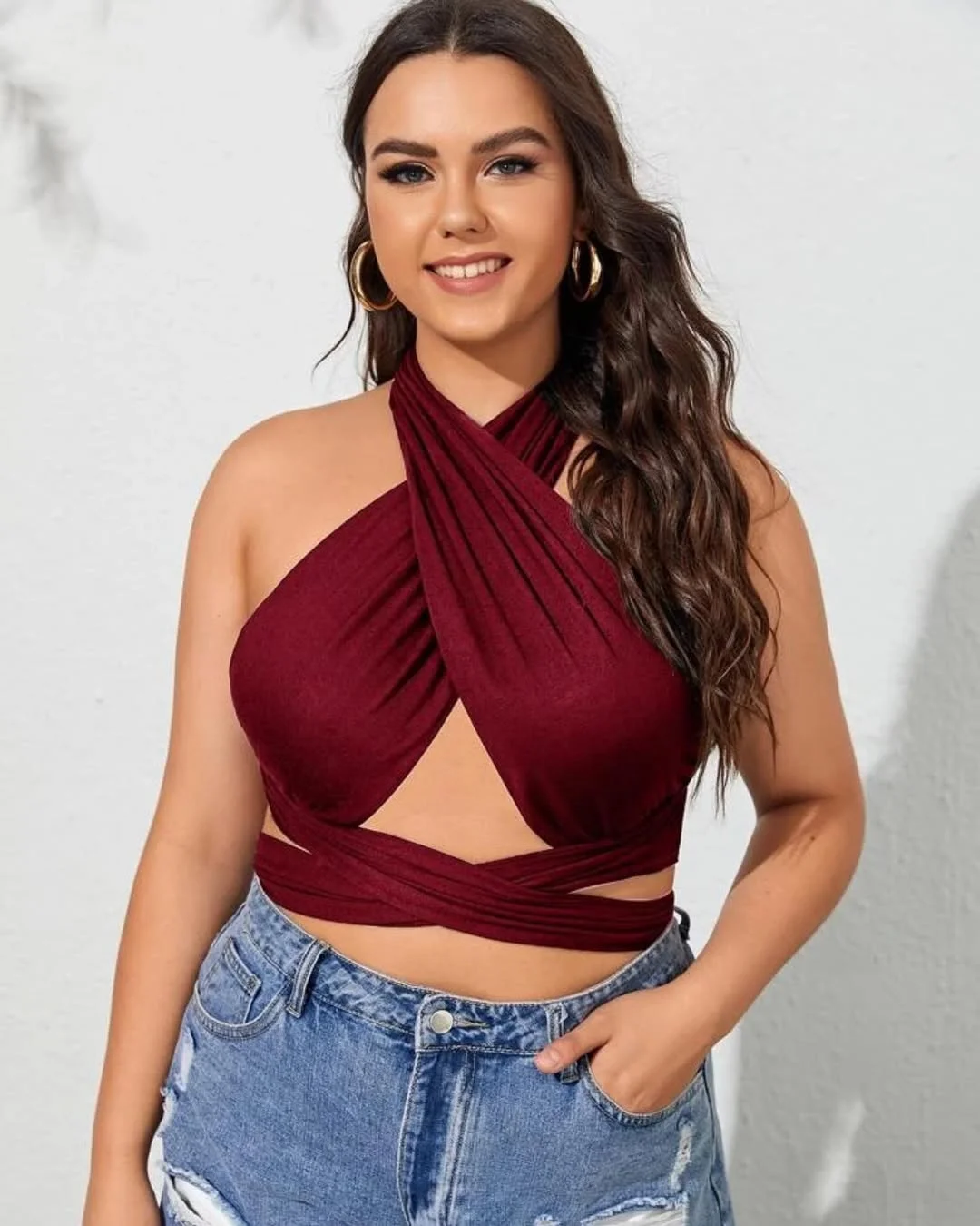 plus size summer outfits for women 2026 Burgundy Wrap Top With Denim Shorts Energy