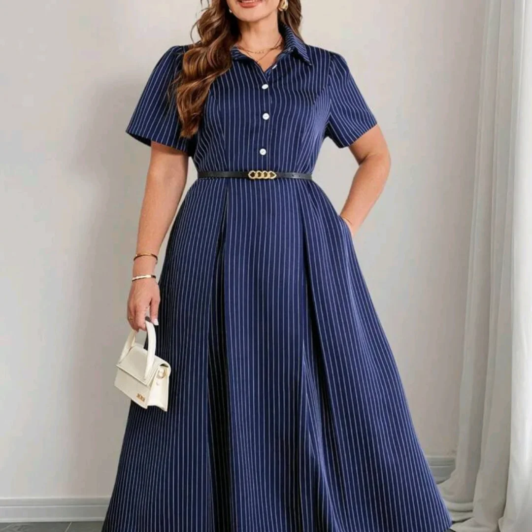 plus size summer outfits for women 2026 Polished Navy Stripes With A Cinched Summer Waist