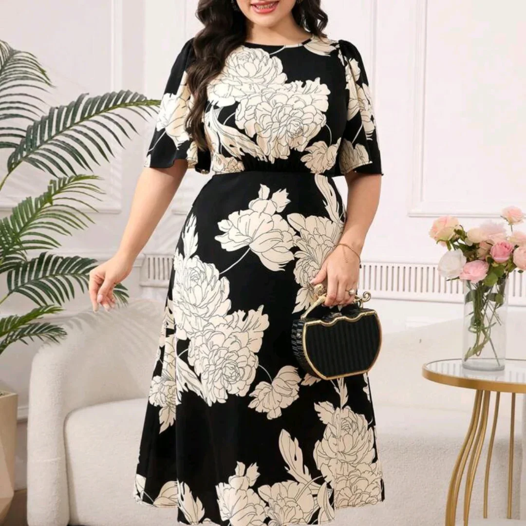 plus size summer outfits for women 2026 Black Floral Midi Dress With Soft Evening Drama