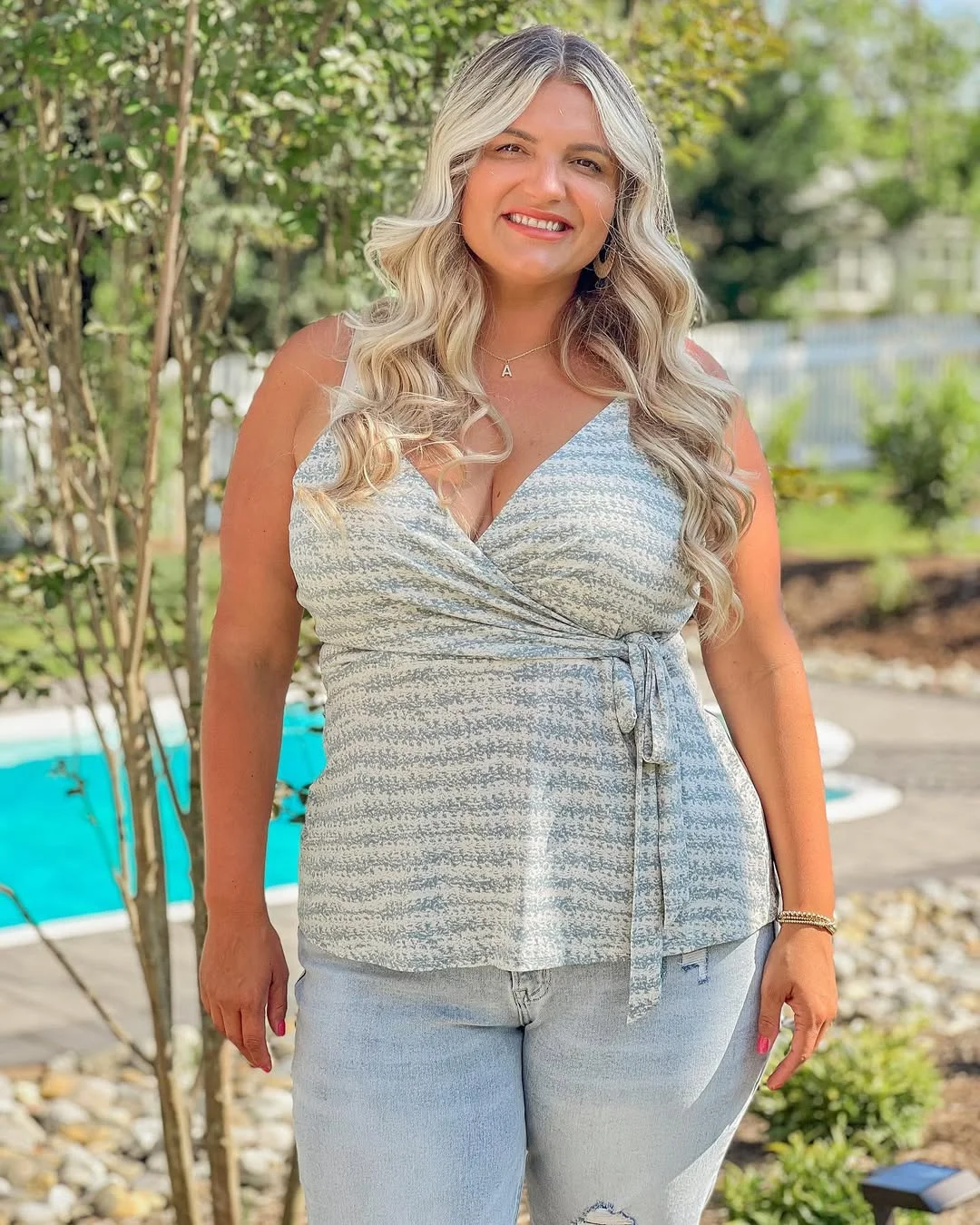 plus size summer outfits for women 2026 Soft Wrap Top And Light Denim For Poolside Casual