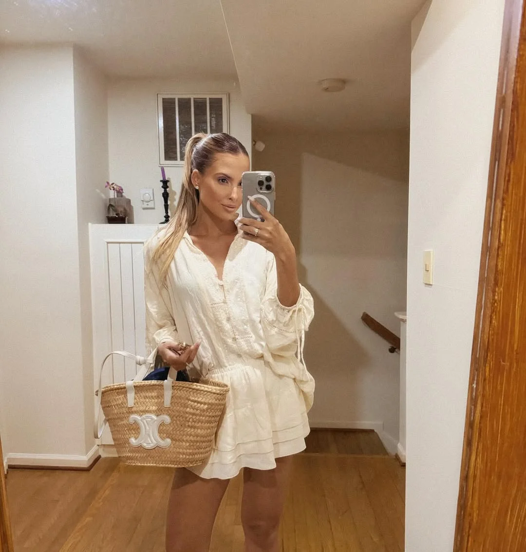 summer beach outfit for women 2026 Soft White Mini Dress With A Straw Vacation Tote