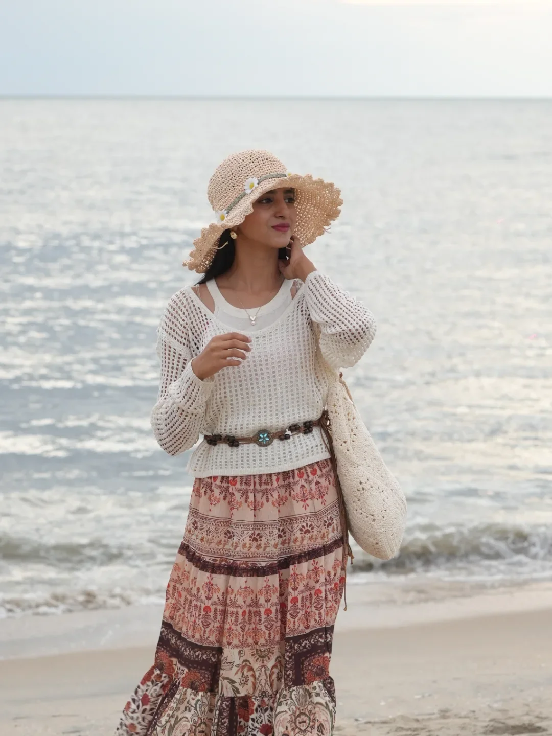 summer beach outfit for women 2026 Boho Crochet Top With A Printed Beach Skirt