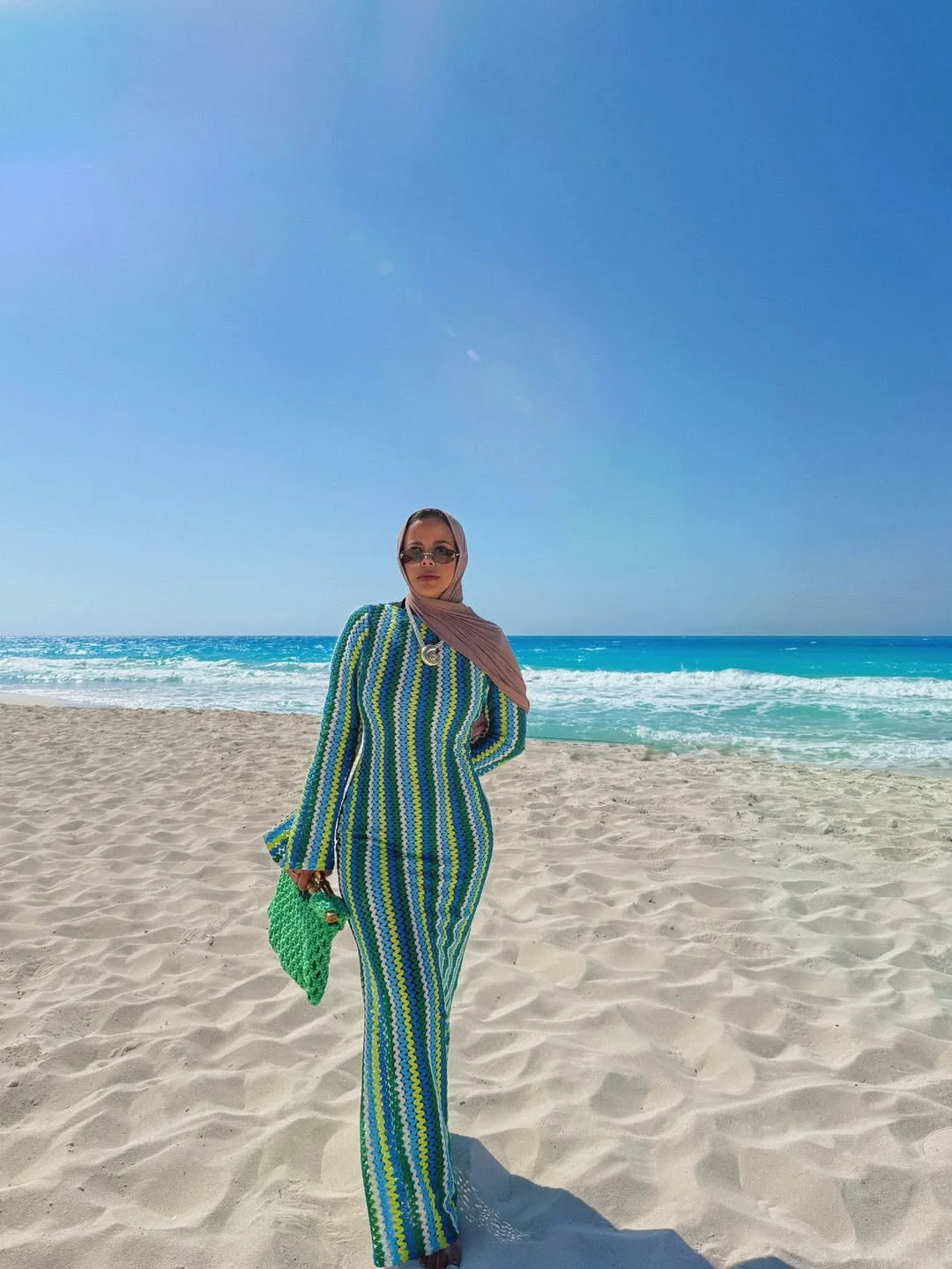 summer beach outfit for women 2026 Striped Crochet Maxi With A Soft Hijab Twist
