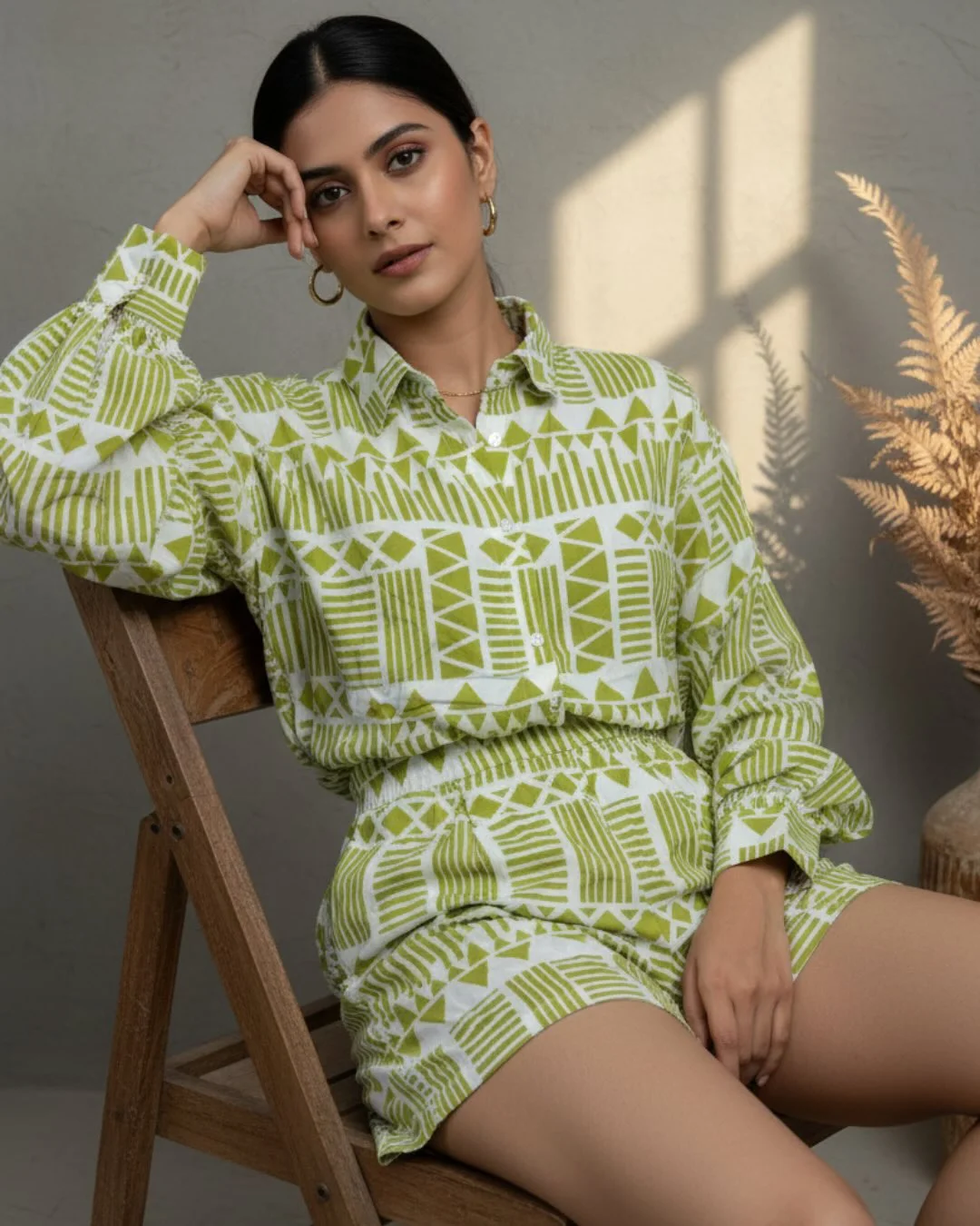 summer beach outfit for women 2026 Lime Green Shirt Set With Relaxed Beach Club Polish