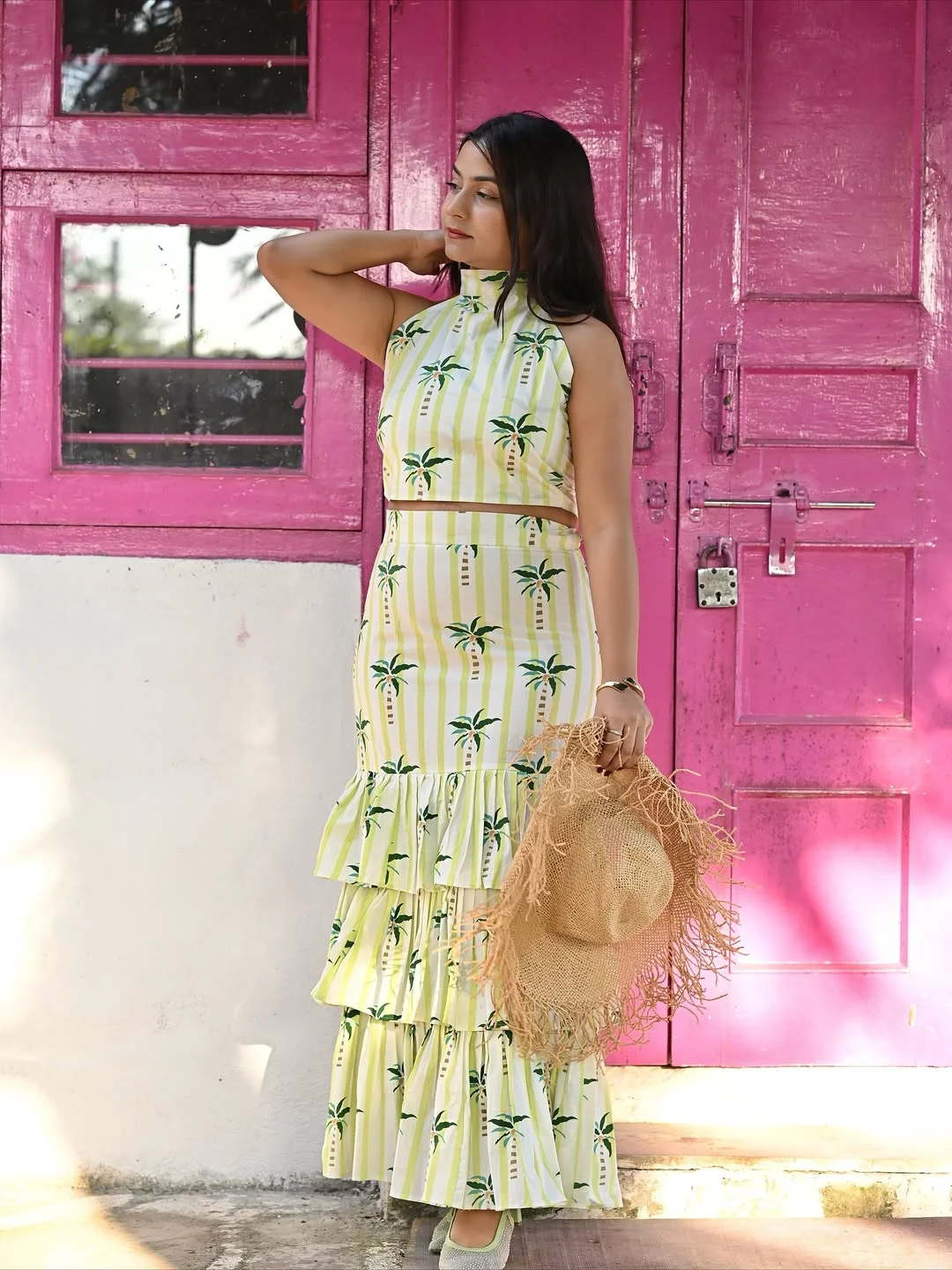 summer beach outfit for women 2026 Palm Print Co-Ord With A Playful Vacation Skirt