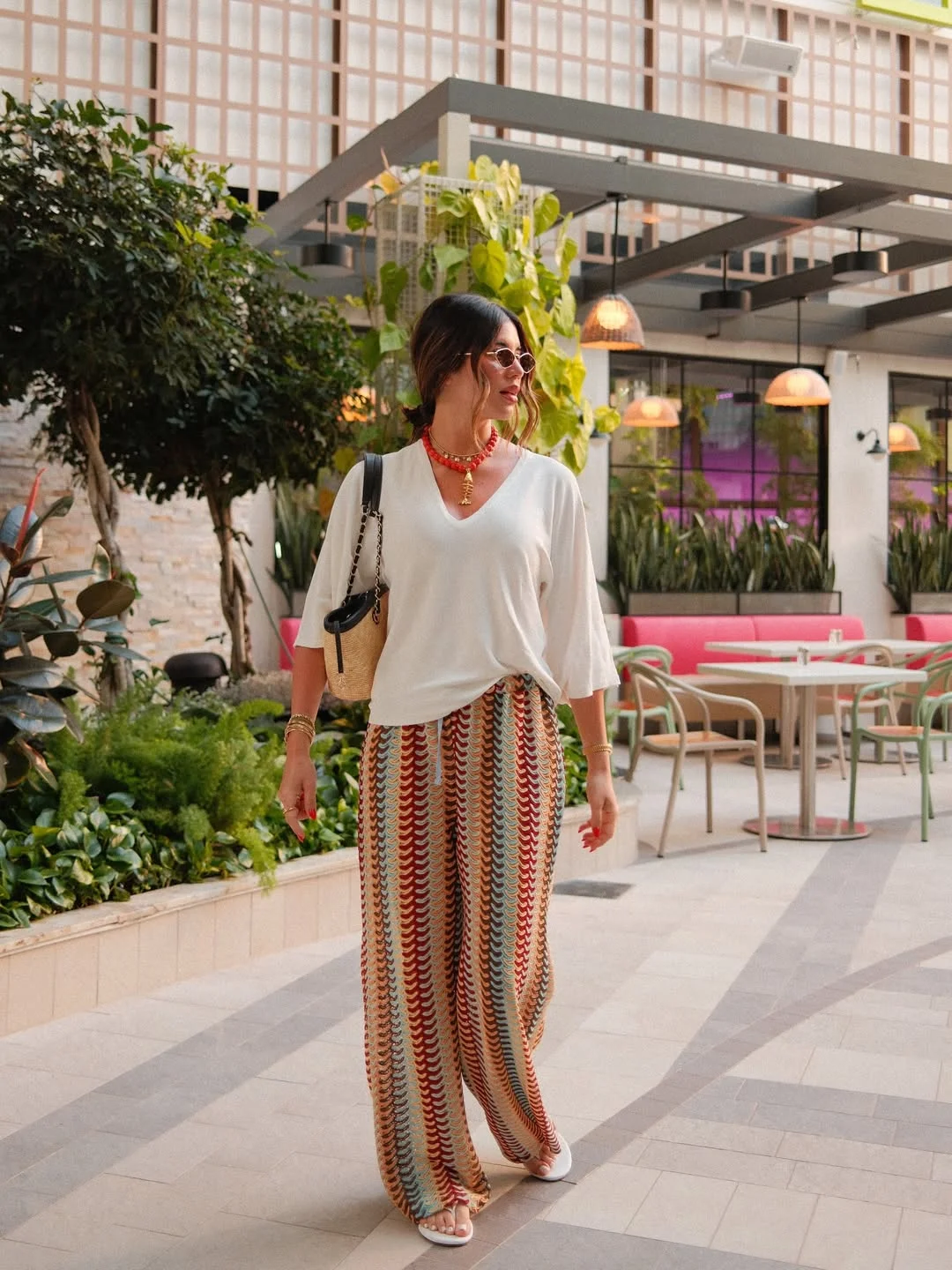 summer beach outfit for women 2026 Soft White Tee With Printed Resort Pants