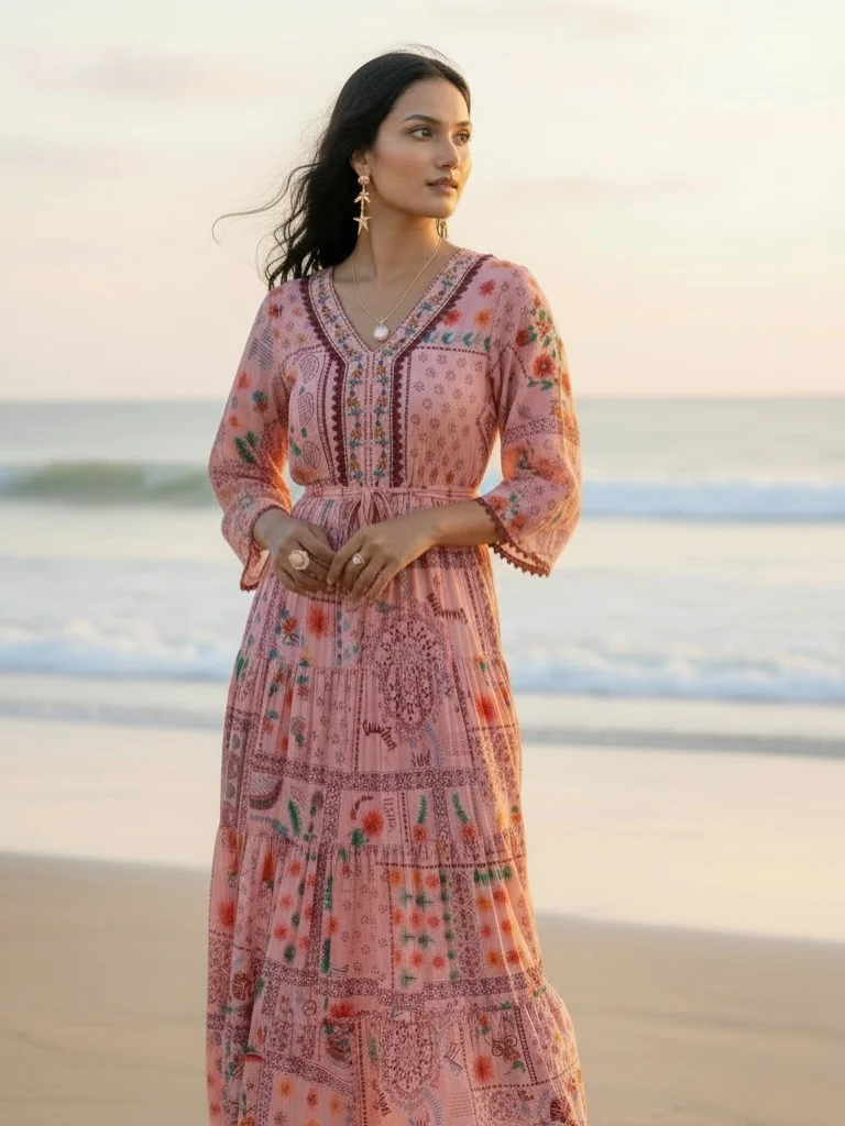 summer beach outfit for women 2026 Pink Boho Maxi Dress For A Sunset Walk