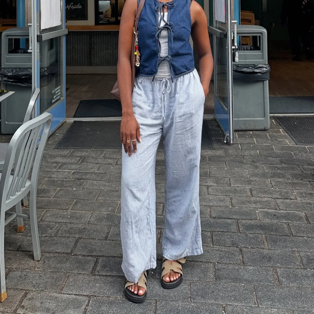 19 summer romper outfits for women 2026 Denim Ties And Striped Lounge Pants For Easy City Summer