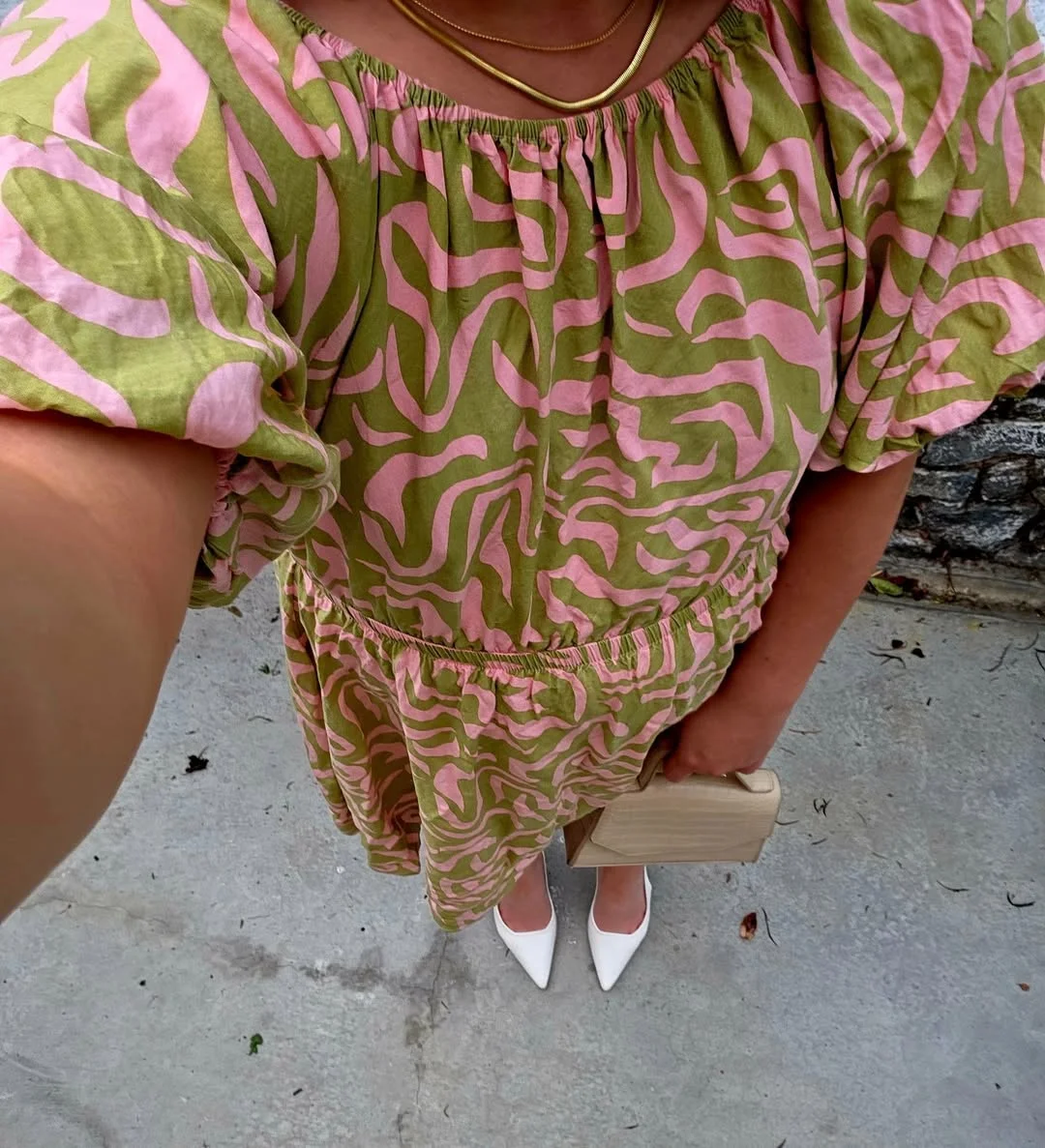 19 summer romper outfits for women 2026 Pink And Olive Puff-Sleeve Romper With Soft Vacation Energy