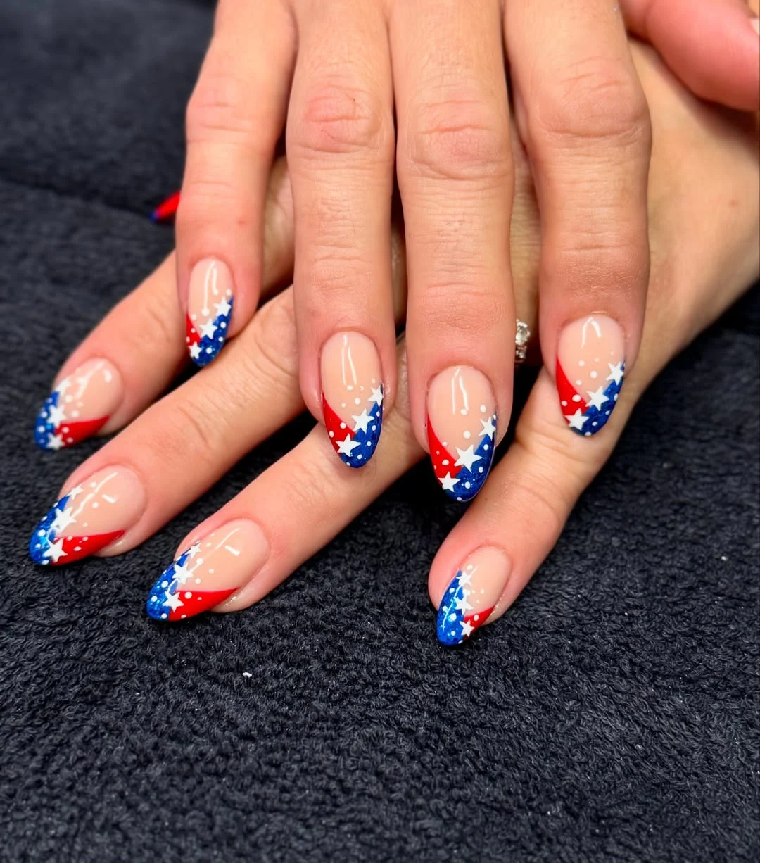 4th of july nails 2026 Glittery Star French Nails With Red and Blue Firework Energy
