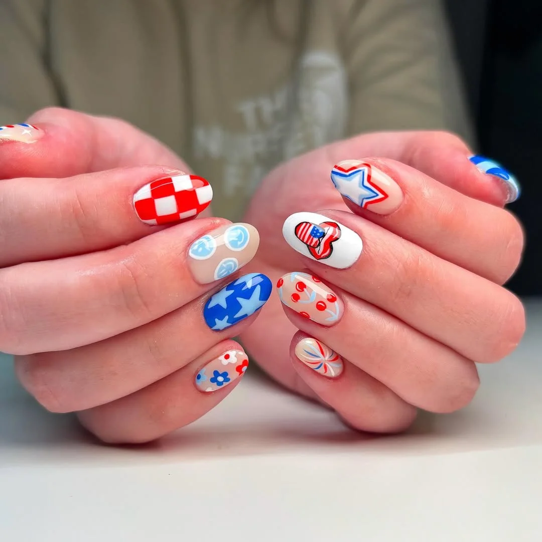 4th of july nails 2026 Retro Short Nails With Cherries, Stars, and Picnic Checks