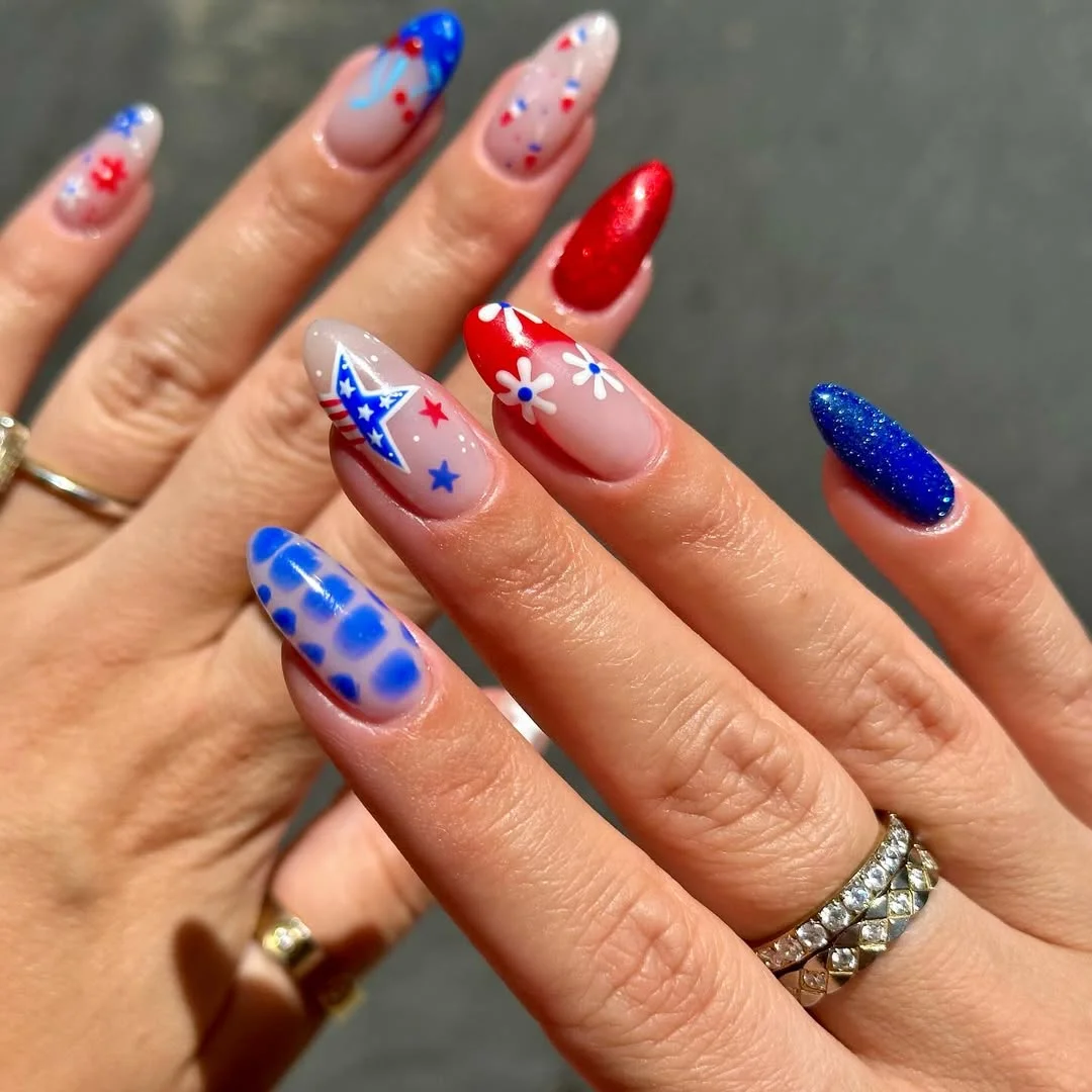 4th of july nails 2026 Glossy Almond Nails With Blue Leopard, Stars, and Red Floral Tips