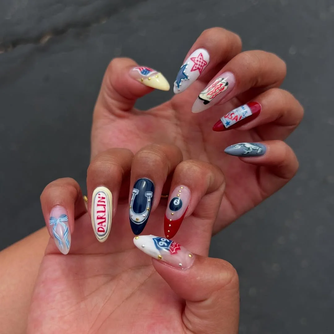 4th of july nails 2026 Statement Almond Nails With Western Labels, Studs, and Americana Art