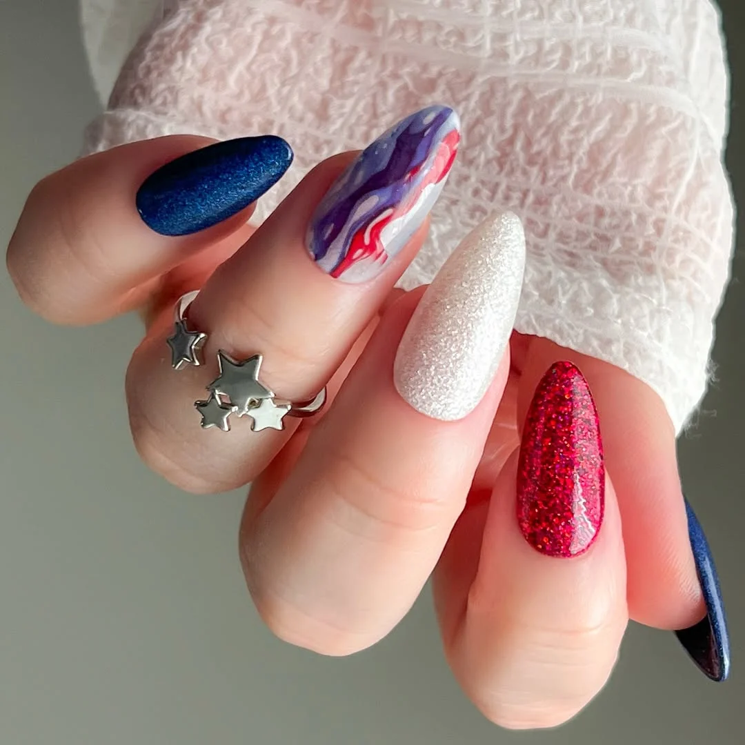 4th of july nails 2026 Glitter Firework Almond Nails With Marble Red White and Blue