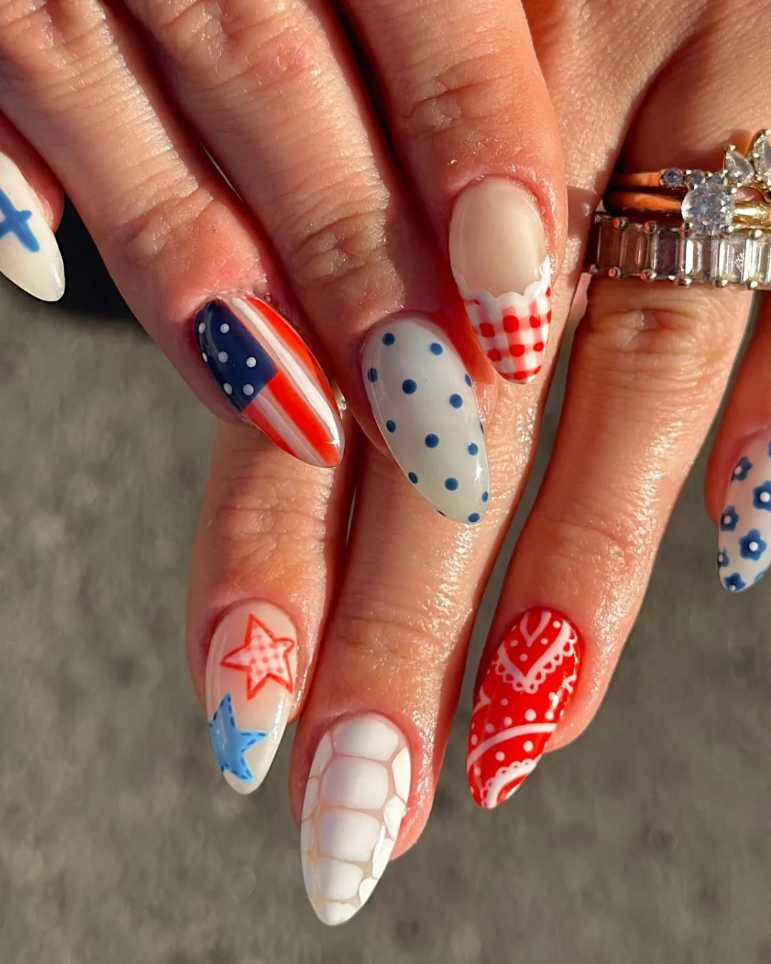 4th of july nails 2026 Vintage Western Almond Nails With Bandana Red and Blue Polka Dots
