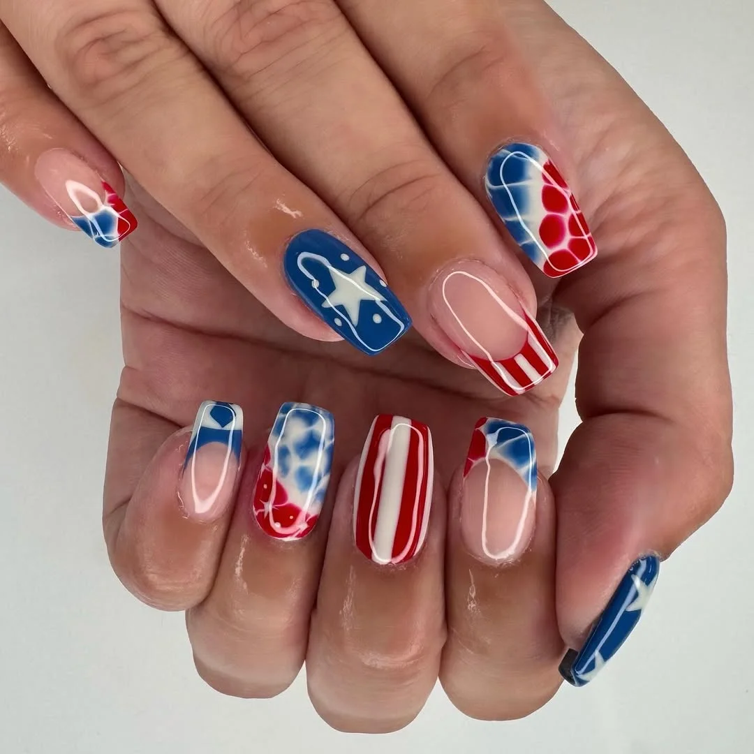 4th of july nails 2026 Glossy Red White and Blue Square Nails With Graphic French Tips
