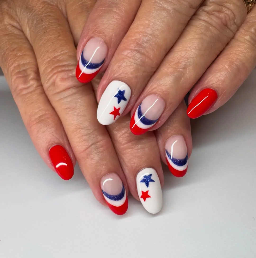 4th of july nails 2026 Polished Red White and Blue French Nails With Star Accents