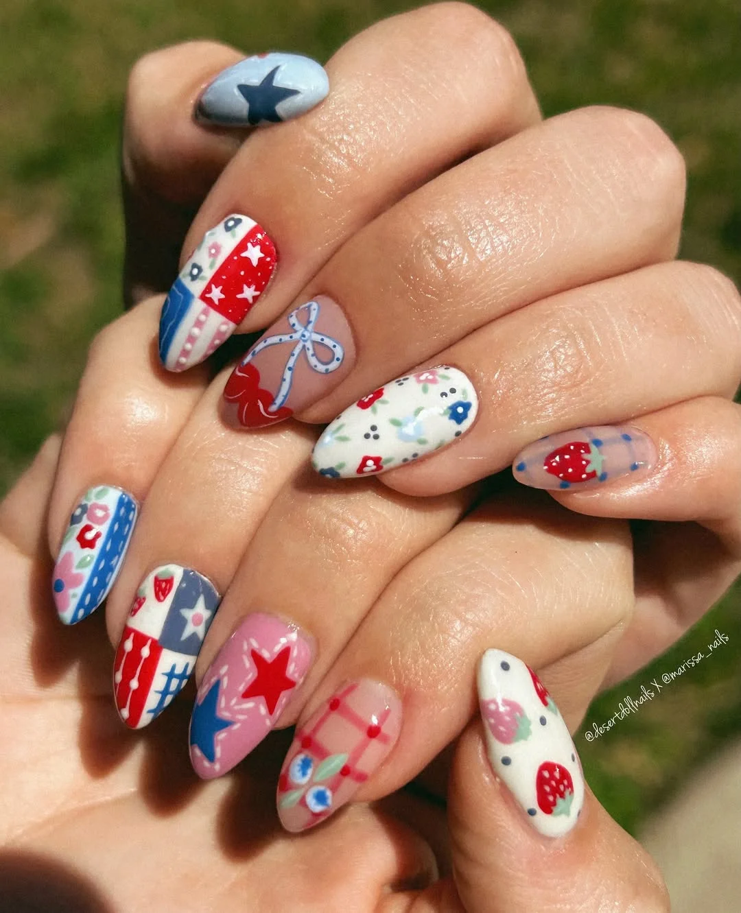 4th of july nails 2026 Patchwork Summer Nails With Strawberries, Bows, Stars, and Floral Prints