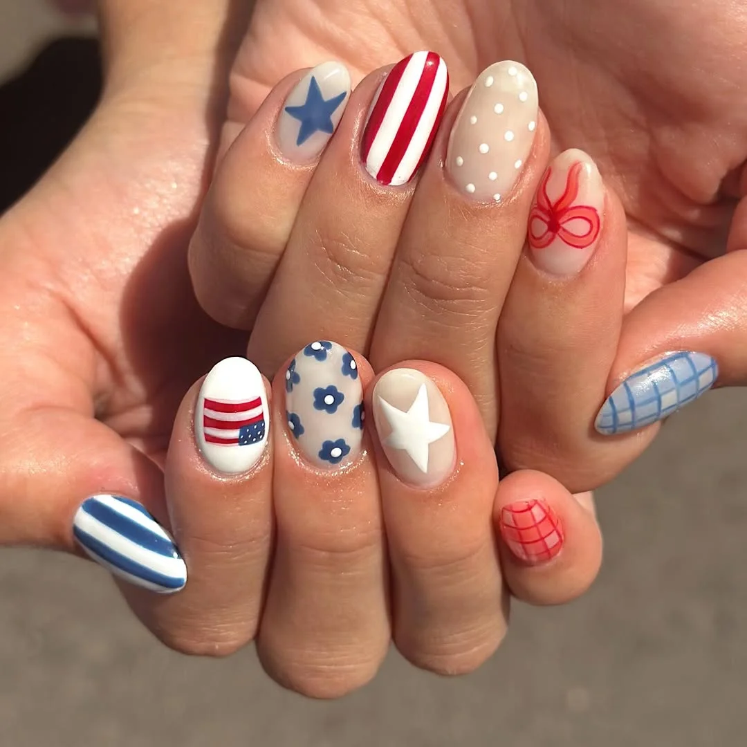 4th of july nails 2026 Short Patriotic Nails With Bows, Florals, Stripes, and Soft Checks