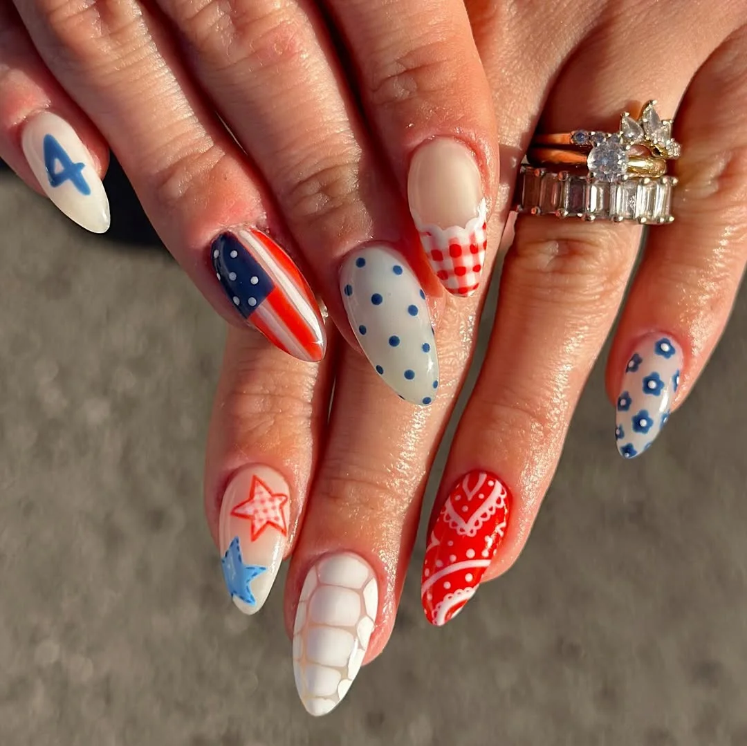 4th of july nails 2026 Vintage Picnic Almond Nails With Polka Dots and Patriotic Charms