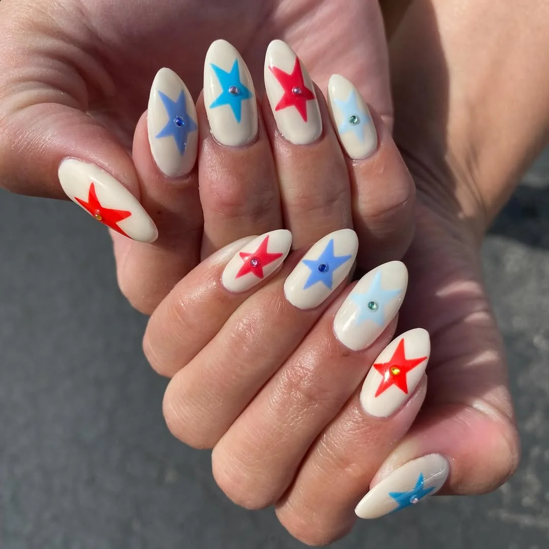 4th of july nails 2026 Creamy Star Nails With Rhinestone Firework Sparkle