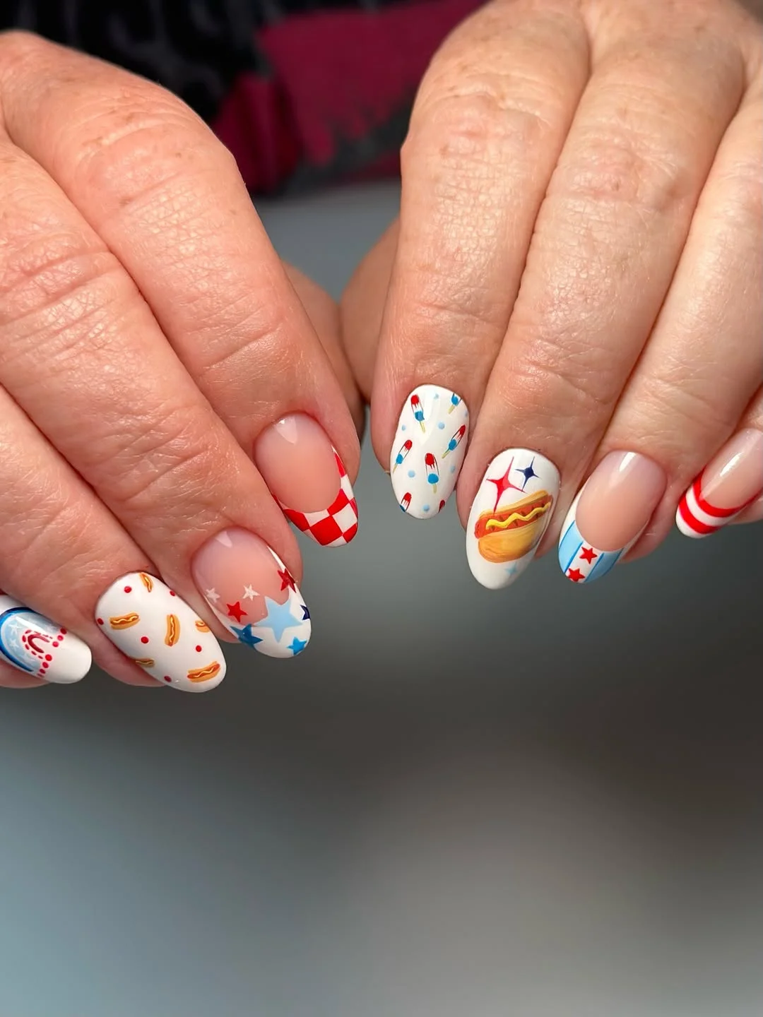 4th of july nails 2026 Fun Short Fourth of July Nails With Hot Dogs, Stars, and Red Tips