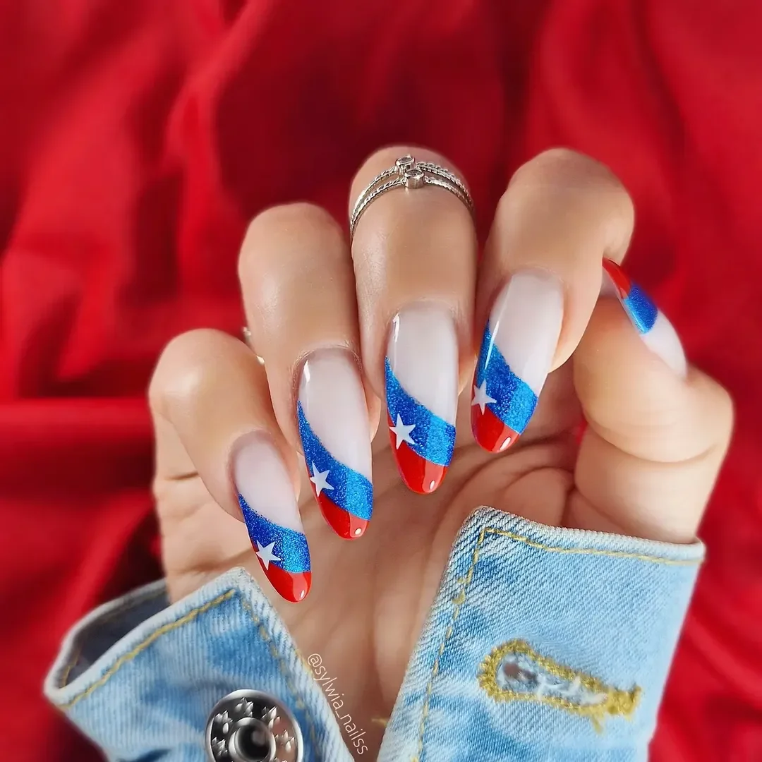 4th of july nails 2026 Metallic Blue Star French Nails With Red Wave Tips