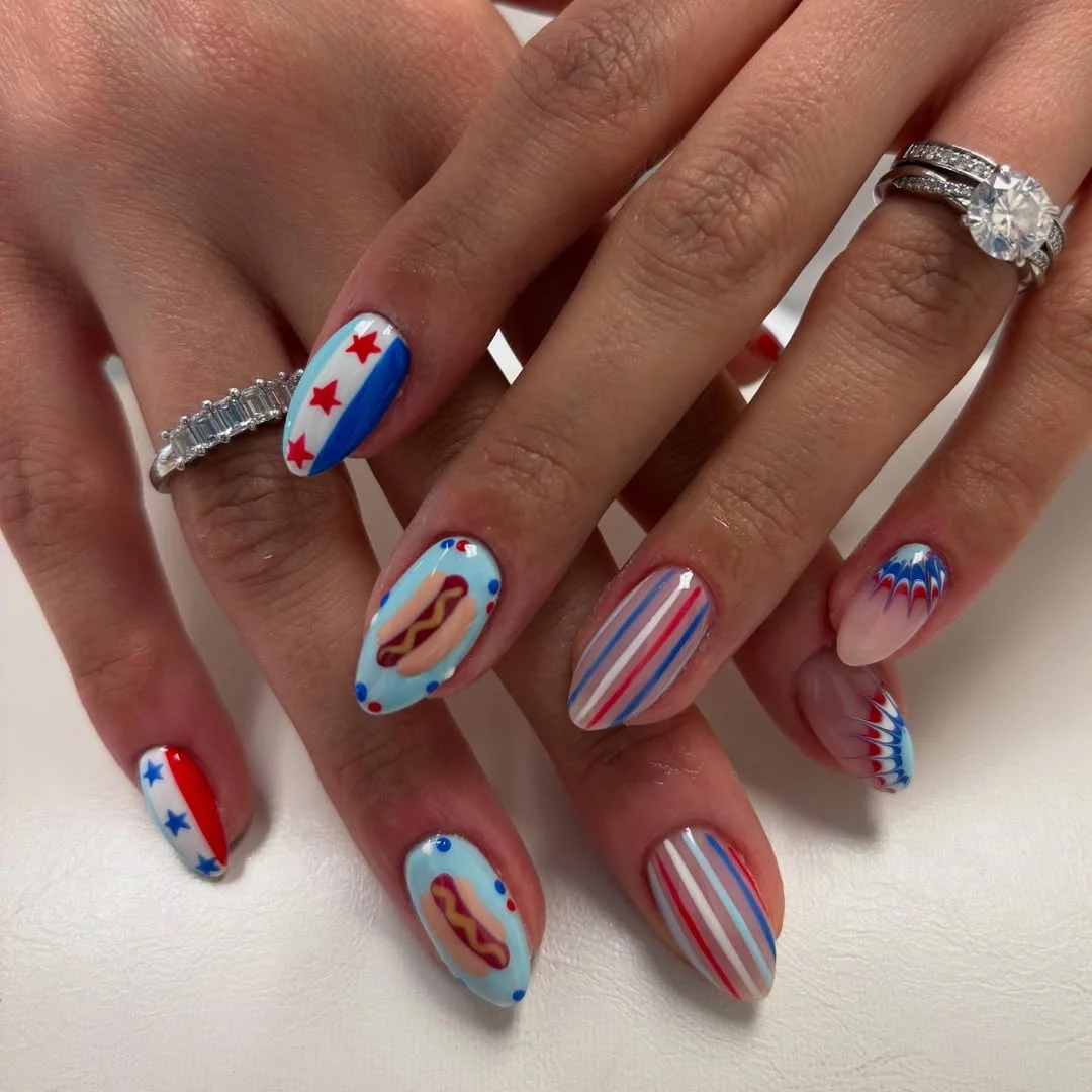 4th of july nails 2026 Cute Cookout Almond Nails With Hot Dogs, Stripes, and Firework Tips