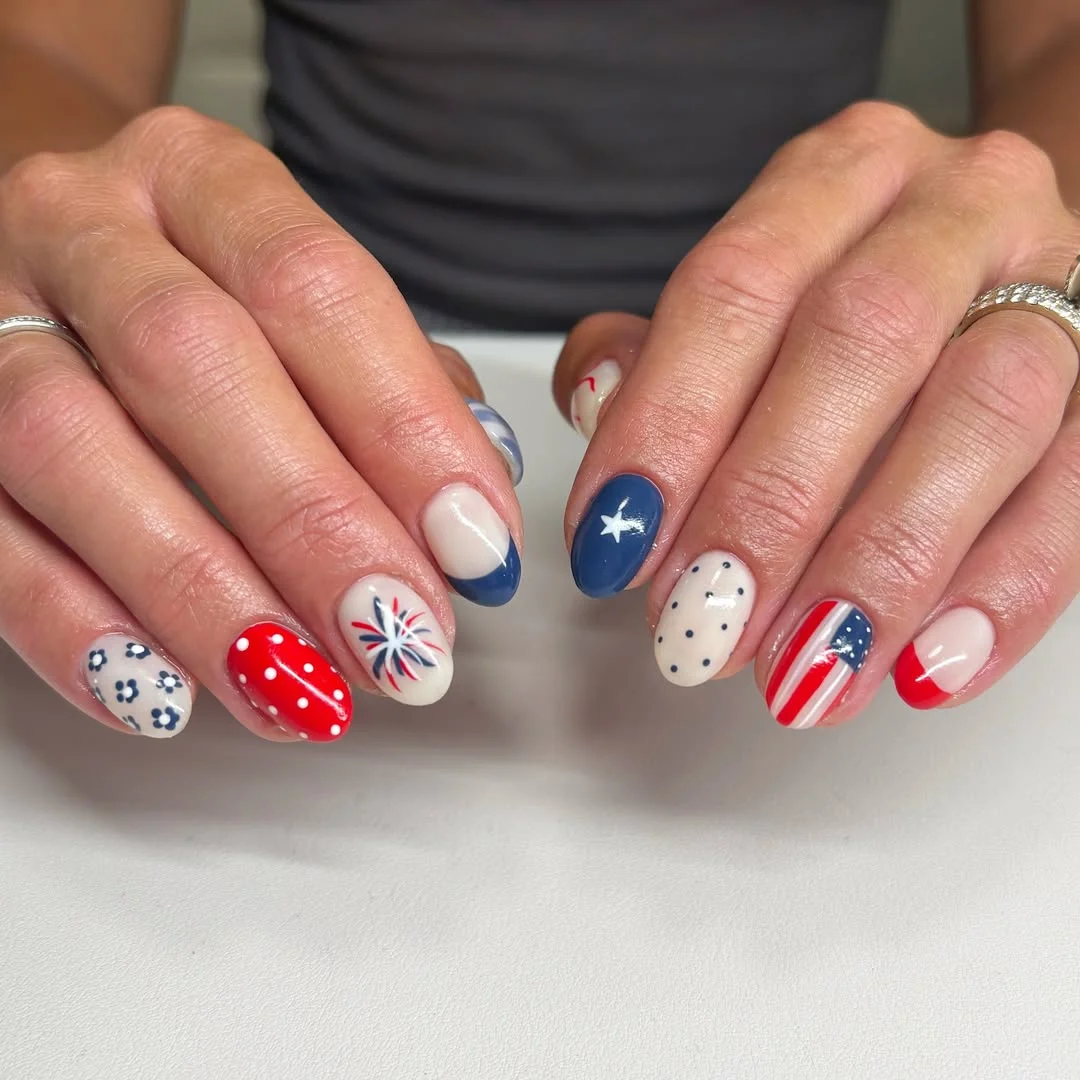 4th of july nails 2026 Short Patriotic Nails With Polka Dots, Florals, and Firework Art