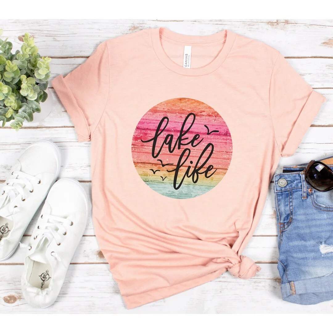 casual summer t-shirt outfit for women 2026 Peach Lake Life Tee With Denim Shorts