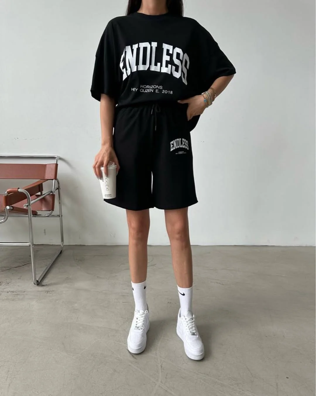 casual summer t-shirt outfit for women 2026 Black Sporty Tee And Shorts Set