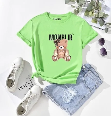 casual summer t-shirt outfit for women 2026 Neon Green Teddy Tee With Light Denim Shorts