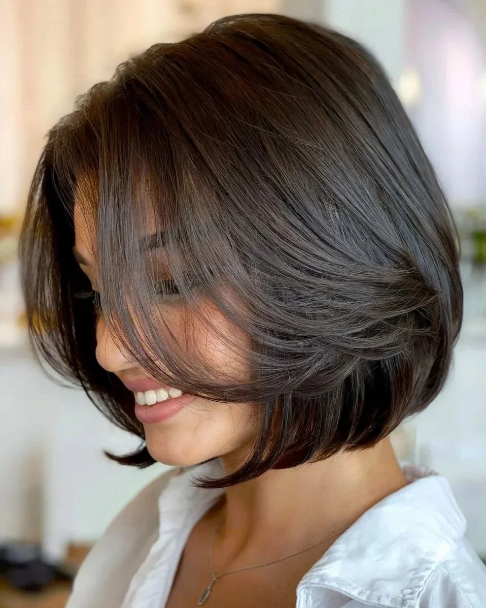 cute summer short haircuts 2026 Layered Side-Part Bob With A Soft Face Sweep