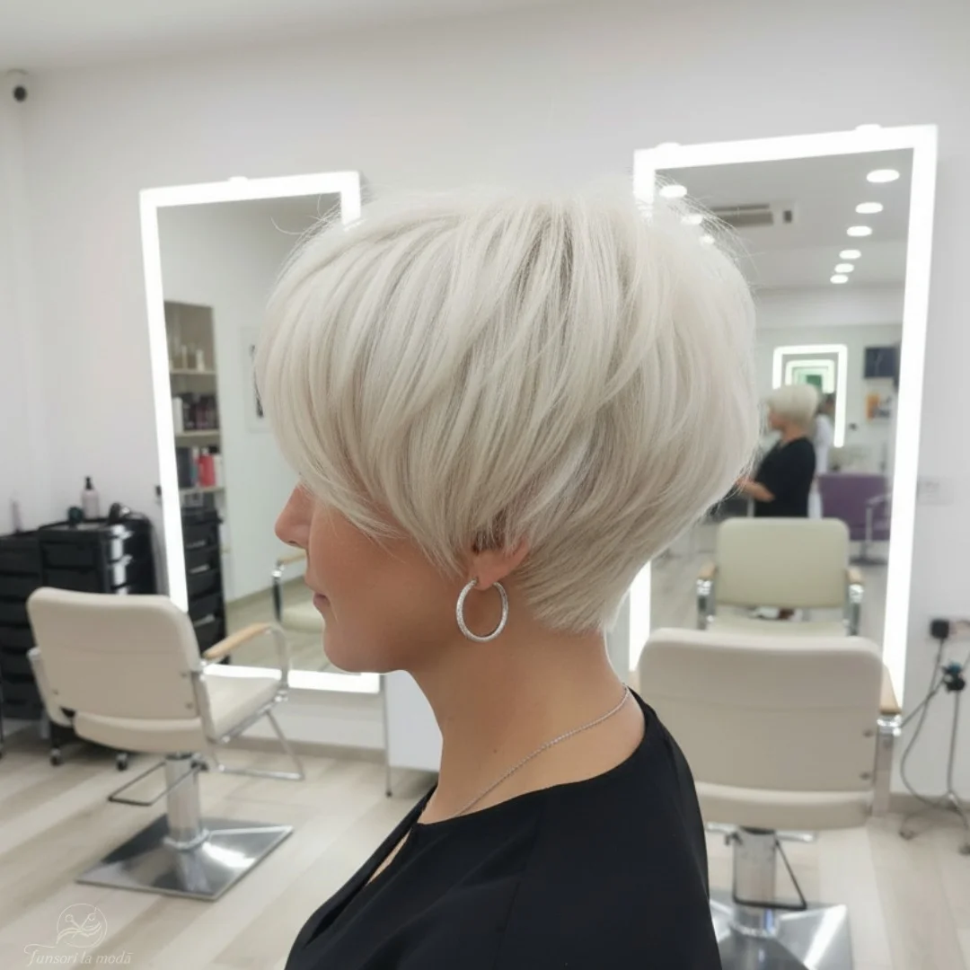 flattering summer haircuts for women over 50 2026 Platinum Stacked Bob With Smooth Volume