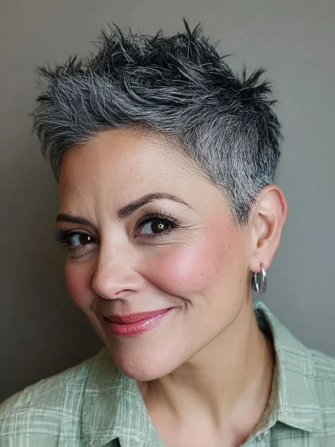 flattering summer haircuts for women over 50 2026 Textured Silver Pixie With Bold Definition