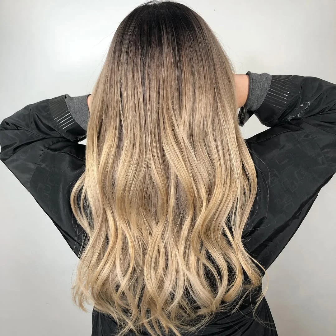 golden summer honey blonde hair color 2026 Dark Root Honey Blonde Melt With Loose Summer Ends