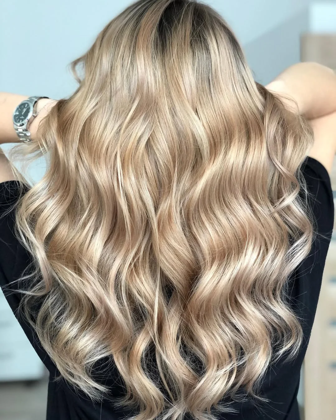 golden summer honey blonde hair color 2026 Pearled Honey Waves With Soft Balayage Dimension