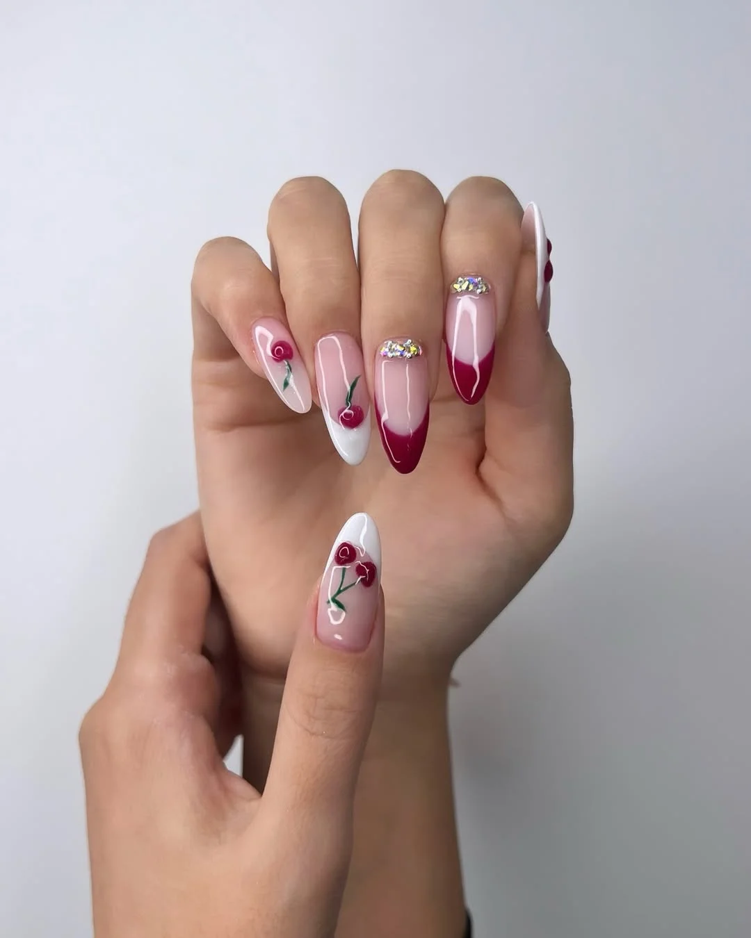 light summer nails 2026 Cherry French Almond Nails With Glossy Summer Drama