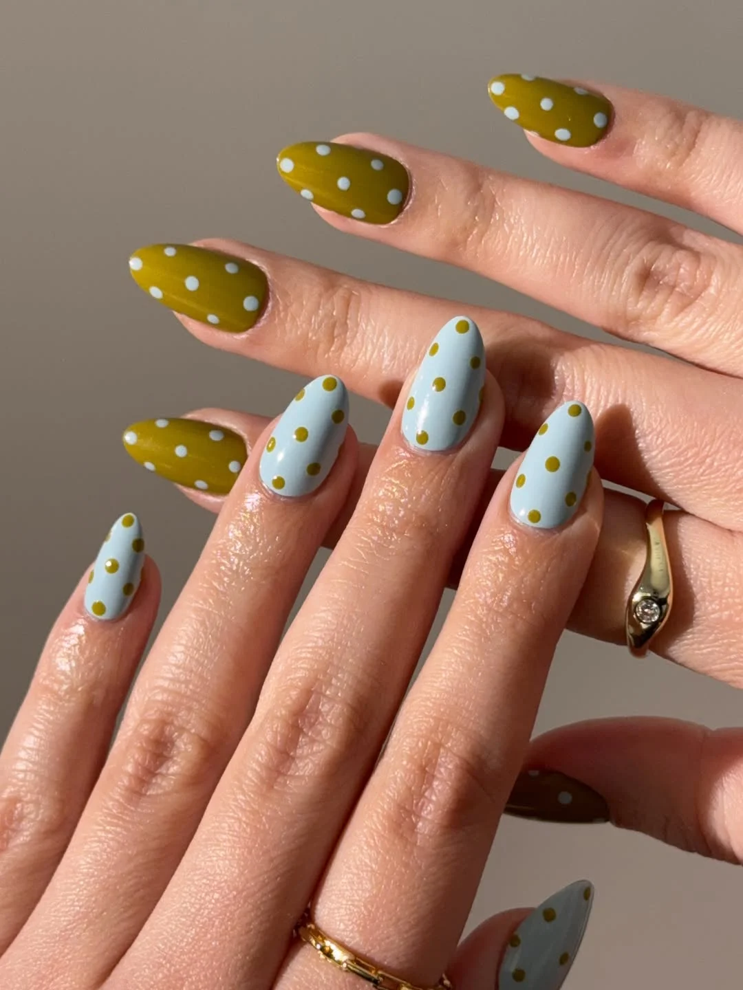 light summer nails 2026 Light Blue And Olive Polka Dot Nails With Retro Summer Charm