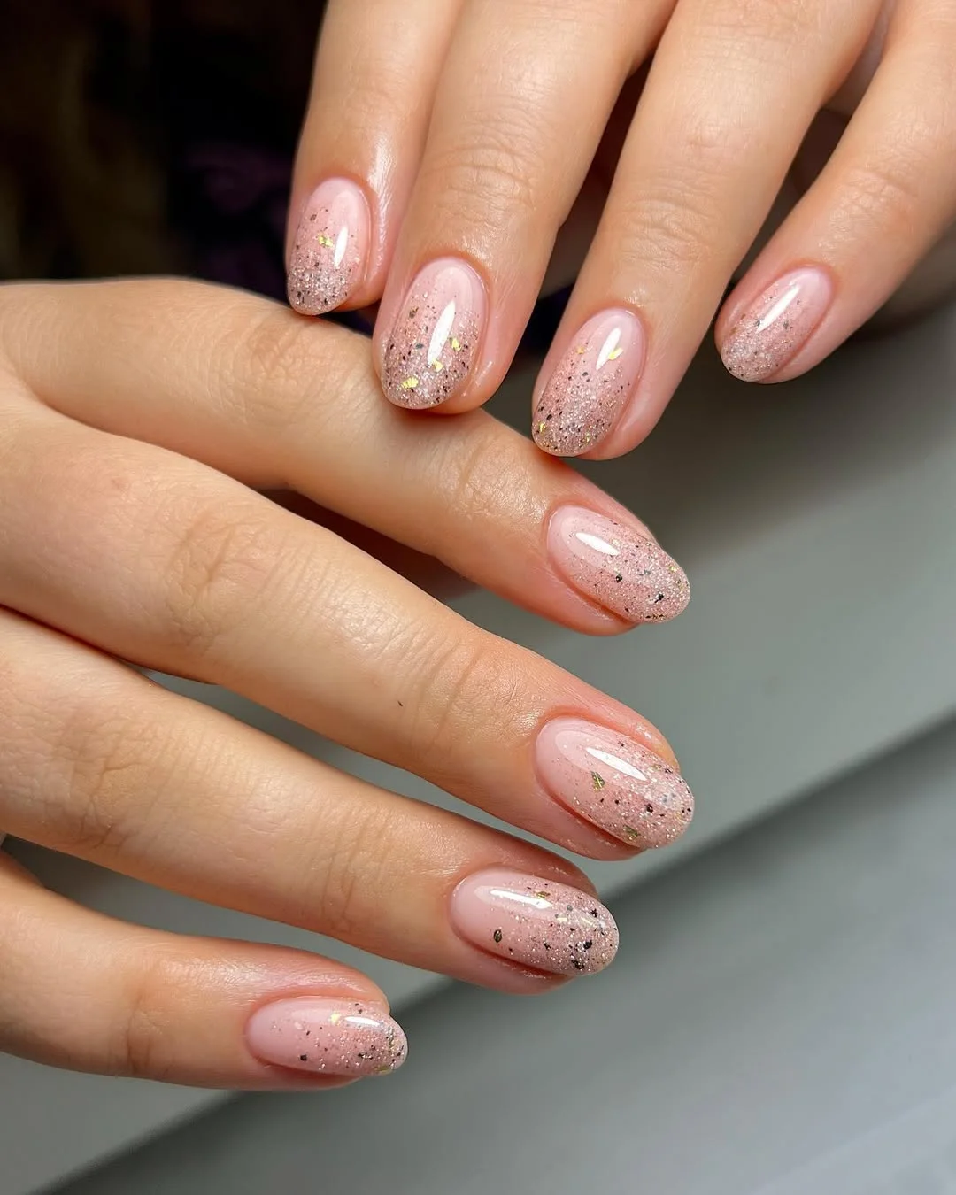 light summer nails 2026 Sheer Pink Glitter Nails With Soft Sparkling Tips