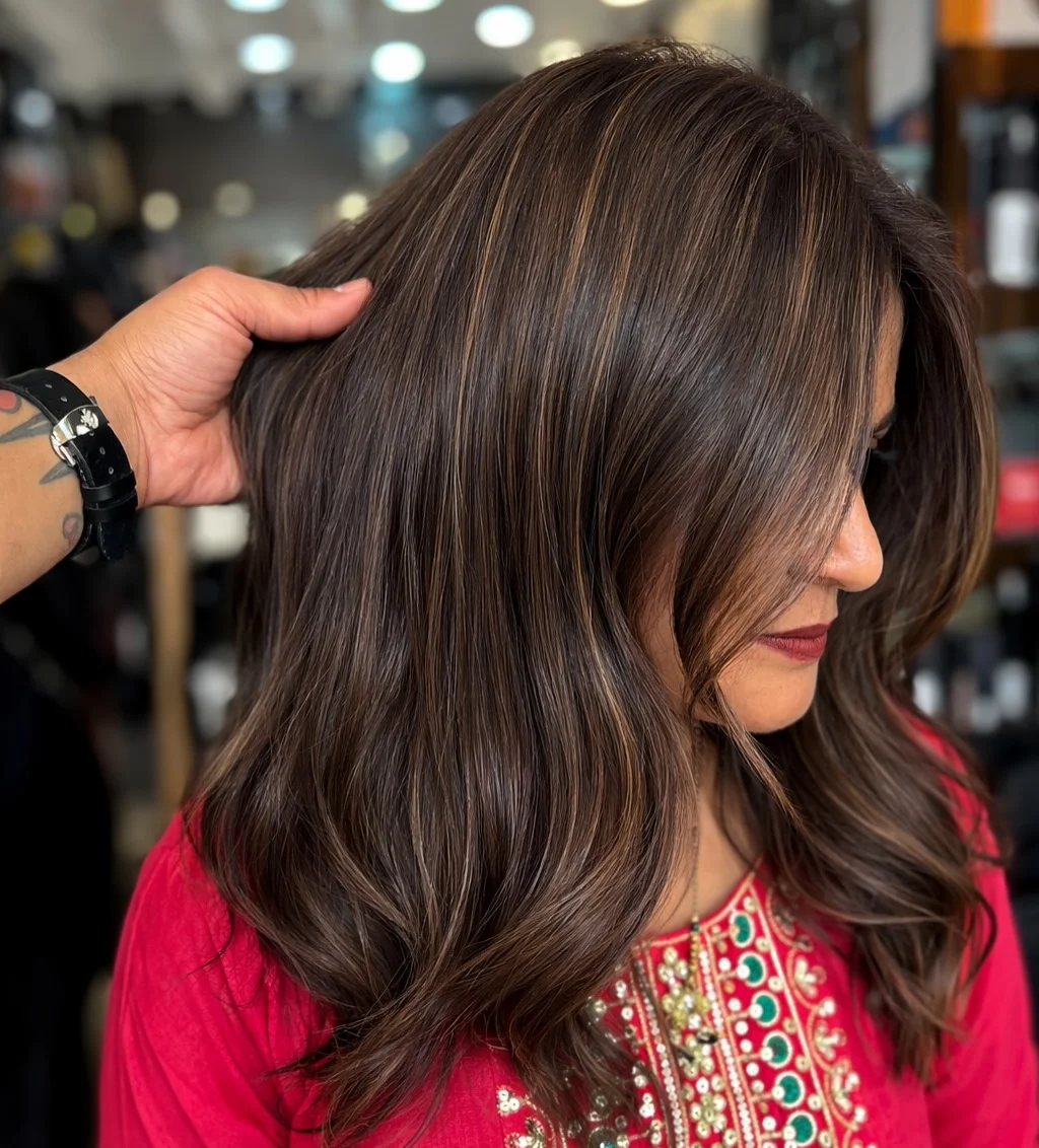 low maintenance summer hair color for brunettes Smoky Brunette Blowout With Subtle Dimension
