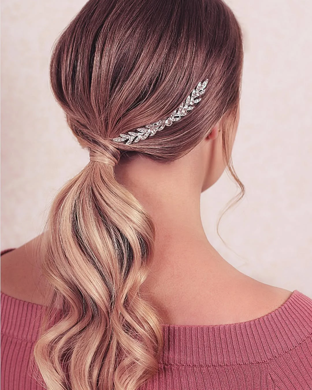 low summer ponytail hairstyle 2026 Rose-Toned Low Ponytail with Sparkling Side Detail