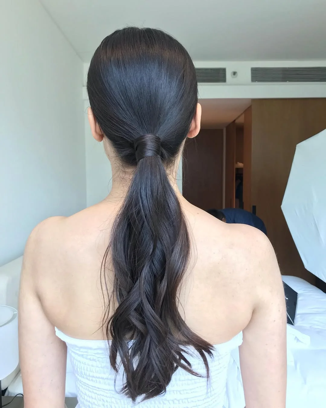 low summer ponytail hairstyle 2026 Sleek Dark Low Ponytail with Soft-Length Movement