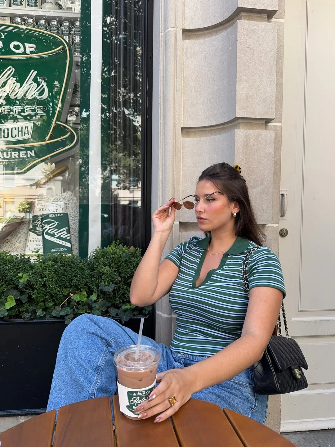 midsize outfits for women summer 2026 Striped Polo And Wide Jeans For Coffee-Date Casual