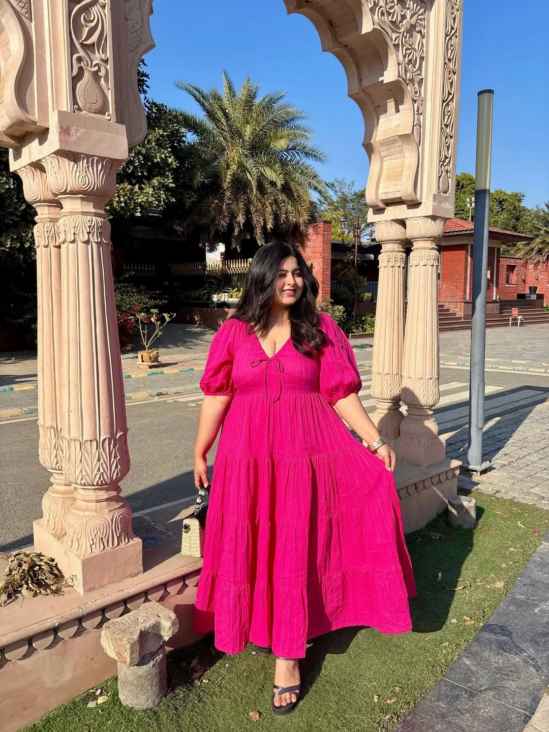 midsize outfits for women summer 2026 Hot Pink Tiered Dress For A Bright Summer Moment