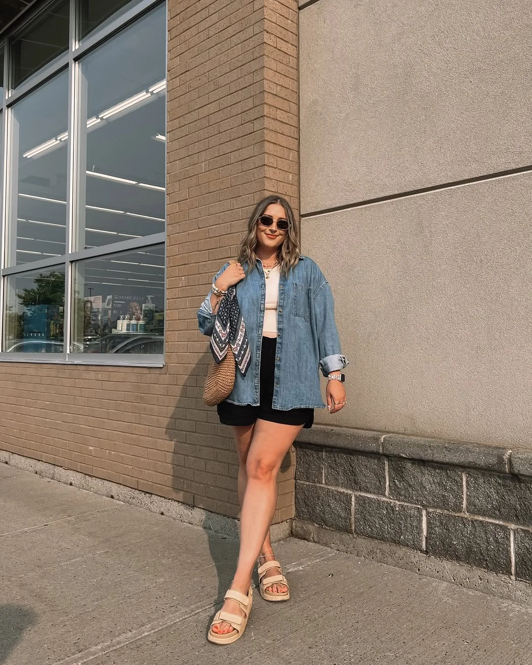 midsize outfits for women summer 2026 Oversized Denim Shirt With Black Shorts For Errand Days