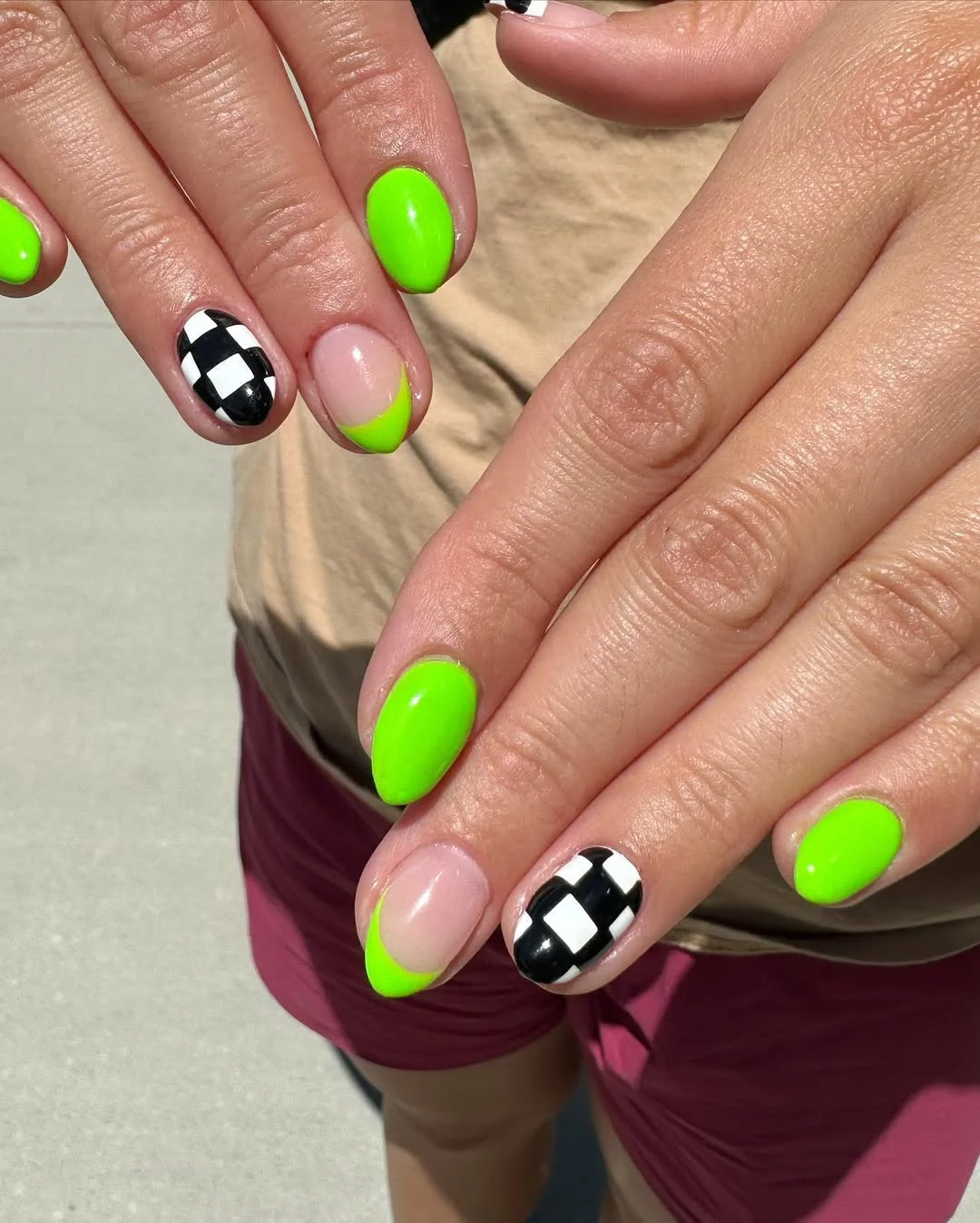 neon summer nails 2026 Neon Green French Tips with Checkerboard Accent Nails
