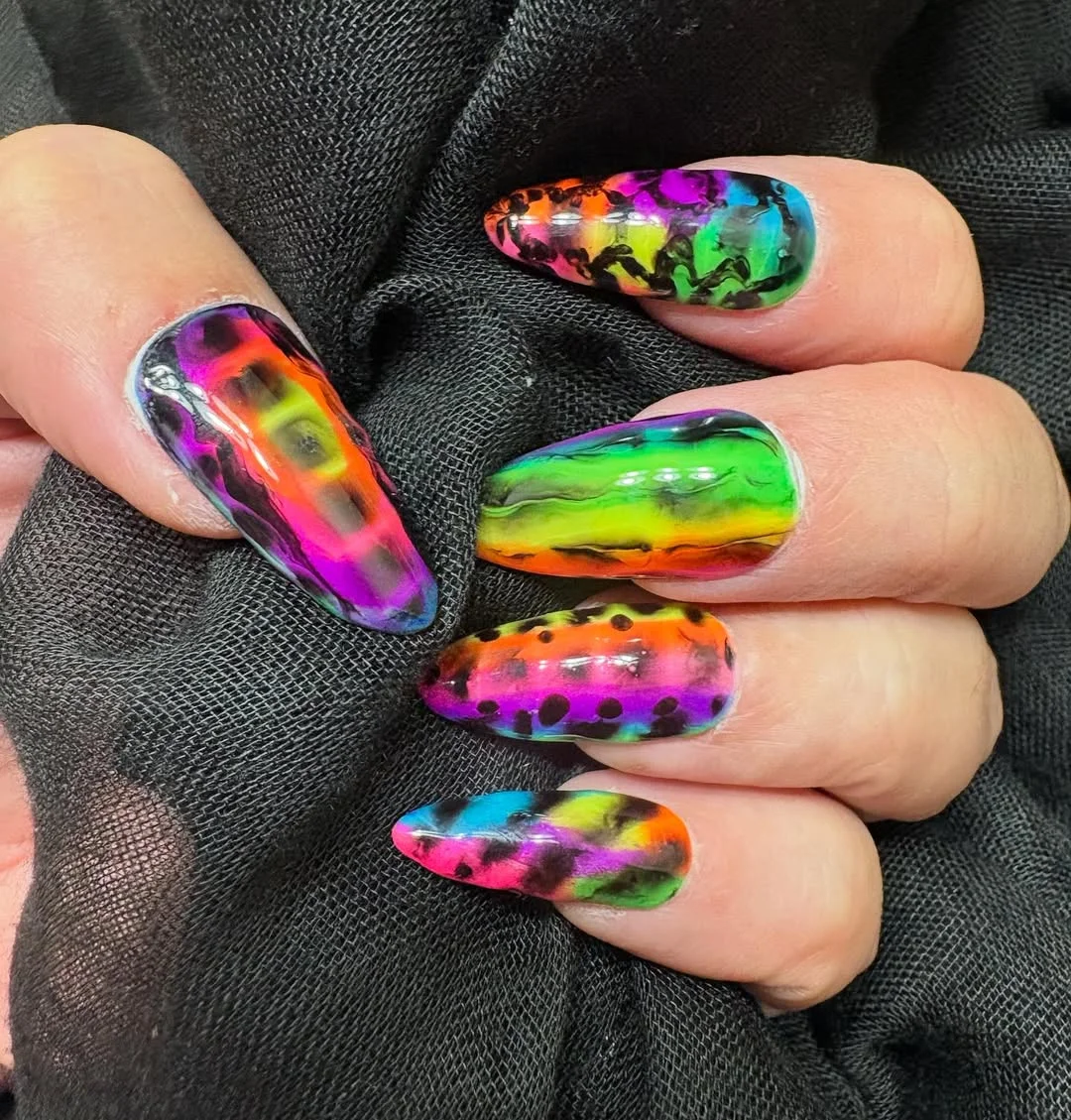 neon summer nails 2026 Rainbow Smoke Neon Nails with Black Ink Details
