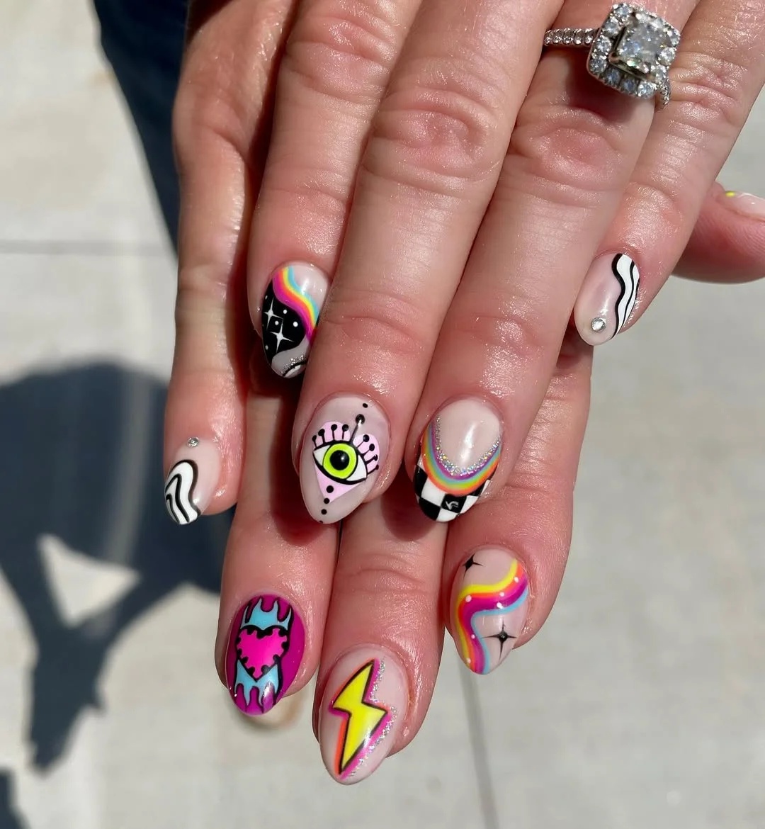 neon summer nails 2026 Pop Art Neon Short Nails with Rainbow Details