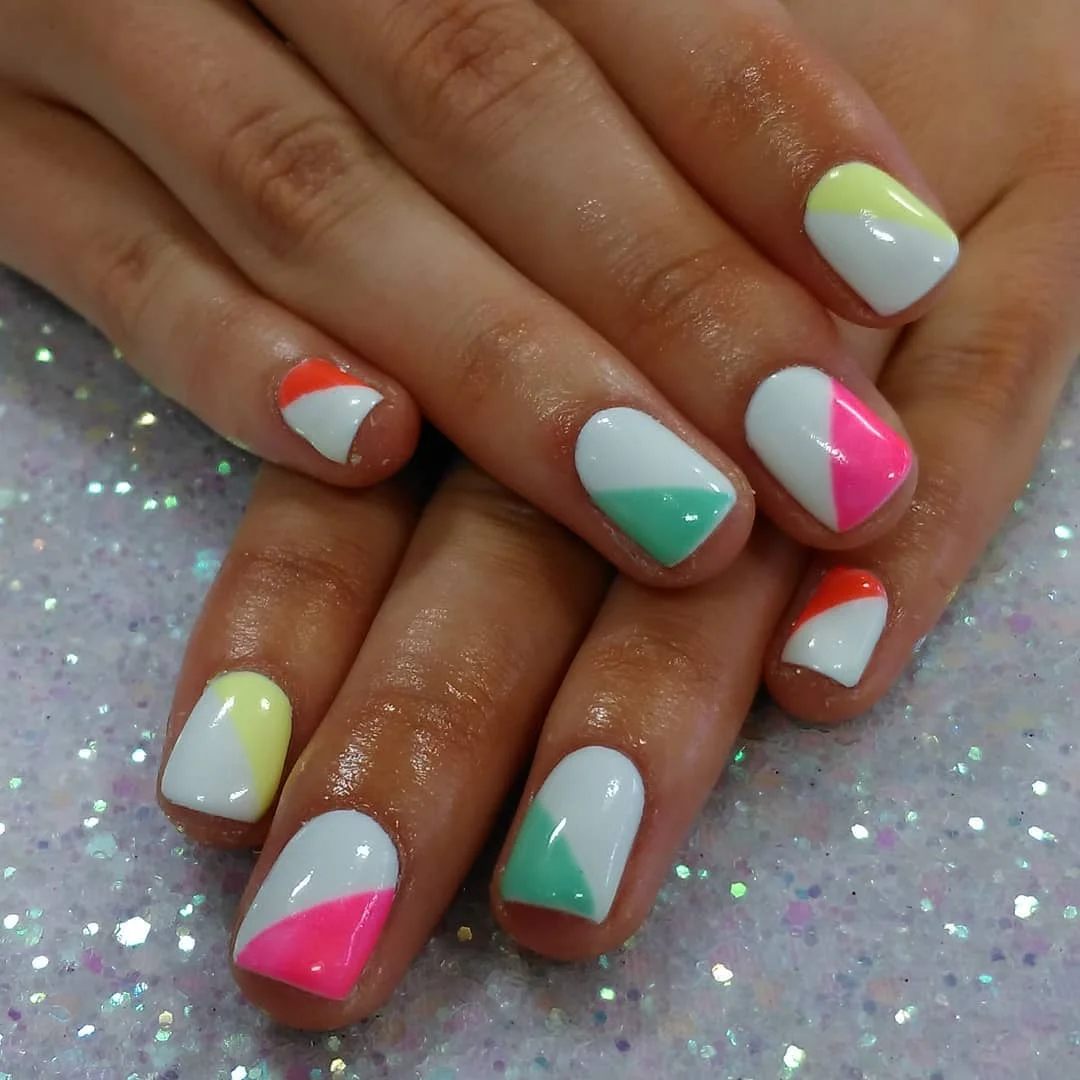 neon summer nails 2026 White Short Nails with Neon Color-Block Corners